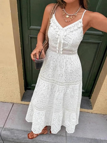 MQTIME  -  Summer New Fashion V-neck Women Strap Long Skirt Sexy Hollow Out Tassel Embroidered Female Dresses